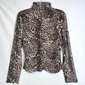 Adore Leopard Print Ruched Long Sleeve Turtleneck Top Brown Tan Lined XL